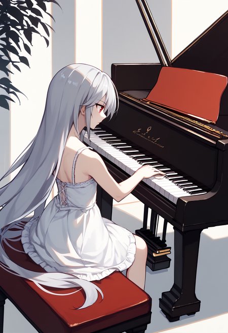 score_9,  score_7_up,   1girl, Kazuki, silver hair, long hair, red eyes,  white sundress,  grand piano, sitting, playing piano    <lora:Kazuki Lora-000009:1> <lora:grandpiano-concept-richy-v1_pdxl:1>