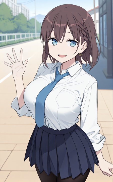 masterpiece, best quality, highres, newest, 1girl, solo, official style, <lora:Ai_chan:1>, aichan, brown hair, blue eyes, large breasts, school uniform, blue necktie, white shirt, blue pleated skirt, black pantyhose, looking at viewer, smile, outdoor, cowboy shot, hand up, five fingers, open mouth