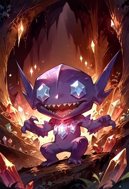 score_9, score_8_up, score_7_up, (source_anime, rating_safe), solo,  (slimes_sableye, noseless, chibi body), ( wide smile, open mouth), (cave, glowing crystals, crystals), (detailed image, high resolution, 5k resolution:1.0), (dark theme, dark , dim light)