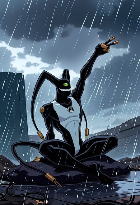 masterpiece, best quality, amazing quality, very aesthetic, absurdres, newest
feedback, solo, smile, , tail, 1boy, no humans, green eye, single eye, , digimon (creature), black skin, , alien, , , cables, , 
stretching legs, relaxed, sitting on cloud, grey clouds, peace sign, rain,