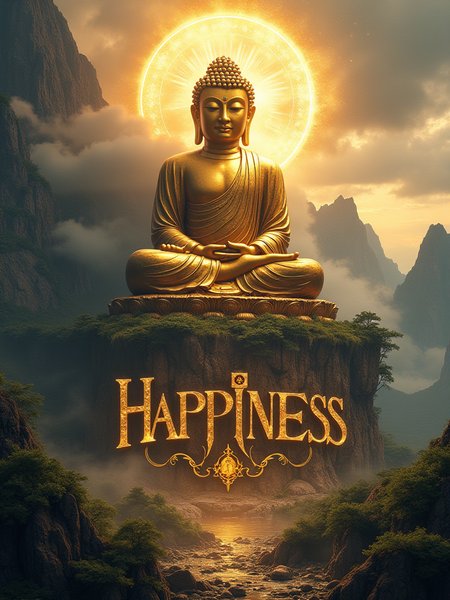 Revised Poster Design Concept: Majestic Mountain-Carved Buddha in Pure Gold
Overall Style:

Monumental Presence: The poster will feature a colossal Buddha intricately carved from the mountainside, exuding a sense of awe and reverence. The design will emphasize the passage of time and the enduring power of spirituality.

Mountain-Carved Buddha Design:

Massive Scale: The Buddha will be depicted as an enormous, weathered statue, seamlessly integrated into the mountain, showcasing intricate details that highlight both the craftsmanship and the natural rock formation.

Material: The Buddha will be represented in pure gold, reflecting light and radiating warmth, symbolizing prosperity and enlightenment.

Radiant Aura: Surrounding the Buddha will be a brilliant, multicolored halo (佛光) that shines brightly, symbolizing enlightenment and spiritual energy.

Clouds of Auspiciousness: Soft, swirling clouds (祥云) will envelop the Buddha, enhancing the divine and majestic atmosphere.

Background Design:

Majestic Peaks: The Buddha will be framed by towering mountains, with the rugged terrain adding to the grandeur of the scene.

Dramatic Sky: A moody sky filled with swirling clouds and rays of light breaking through will enhance the dramatic effect, creating a sense of divine presence.

Light and Shadow Effects:

Powerful Highlights: Strong, directional lighting will illuminate the Buddha’s golden features, casting deep shadows that emphasize its monumental size and presence.

Atmospheric Depth: The interplay of light and shadow will create a mystical atmosphere, enhancing the feeling of ancient wisdom and timelessness.

Text:

Phrase: Prominently display the word: "HAPPINESS" in bold, uppercase letters that resemble ancient inscriptions or stone carvings.

Font Style: Use a rugged, textured font in a deep earth tone, perhaps with a slight glow or shadow to make it stand out against the dramatic background.

Additional Elements:

Ancient Symbols: Incorporate subtle motifs or symbols around the base of the Buddha, such as lotus flowers or ancient scripts, to enhance the spiritual significance.

Nature Elements: Add elements like creeping vines or weathered stones at the base, emphasizing the connection between the Buddha and the enduring natural world.

Overall Effect:
This poster will convey a sense of monumental power and ancient wisdom through the depiction of a colossal mountain-carved Buddha in pure gold, surrounded by a radiant aura and auspicious clouds. The emphasis on the word "HAPPINESS" will resonate with themes of joy and spiritual fulfillment, creating a visually striking and thought-provoking experience that invites viewers to reflect on the passage of time and the strength of faith.
