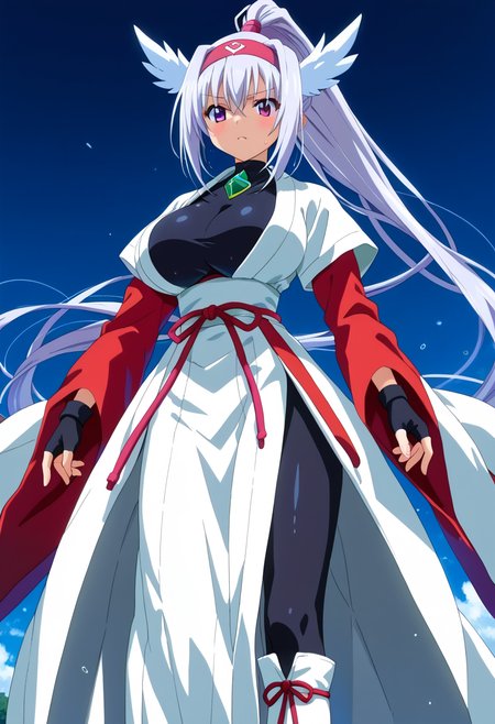 score_9, score_8_up, score_7_up, score_6_up, score_5_up, source_anime,
1girl, solo,
<lora:akidra3:1>, akidra, blue and grey and white hair, very long hair, purple eyes, high_ponytail, no pants, thigh boots, white boots,  long skirt, white skirt, white japanese clothes, red rope, hairband,headband,head wings, gem, black tight shirt, white sash, white kimono with short sleeves, long sleeves, red sleeves,black fingerless gloves
 shiny skin, sweat, huge breasts