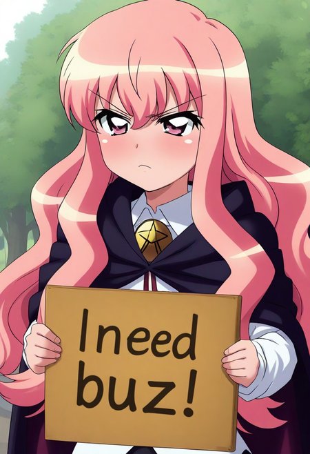 masterpiece,best quality,amazing quality,very aesthetic, absurdres, highres, 1girl, solo,
sysdeep_louise, louise francoise le blanc de la valliere, long hair, pink hair, pink eyes, sidelocks, wavy hair,
annoyed, looking away, need_buzz, holding sign, town square, academy, cape, white collared shirt, long sleeves, gold pentacle broach,