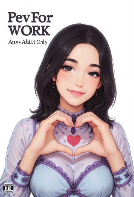 1girl, solo, medium build, medium hair, sfw, safe for work, covered skin, flowy dress, black eyes, purple lipgloss, smiling, portrait, upper body, doujin cover, heart hands, japanese text, personalami