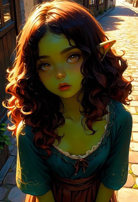 score_9, score_8_up, score_7_up, 1girl, goblin, short, dark green skin,  solo female focus, large pointed ears. skinny, wild red hair, long hair, loose curly hair, green skin, freckles, Freckled ass, beautiful yellow eyes, small breasts, brown loin cloth, cloth chest wrap. Pouting lips. Blushing, cute pout, expression. Holding up wooden sign, "buzz". Looking up at viewer. View from above.  
Medieval town street. Bright sunny day