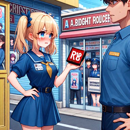 absurdres, explicit, R18 dvd case, R18 text poster,  storefront, character print dvd case, holding, 1girl and 1boy, a petite female, shy, blush, unhappy, angry, sweat, breasts, parted lips, twintails, short dress, a tall male, police pants, police uniform, height difference, entrance, glass wall, road, signboard, street, crowd, people, 6+boys, profile, outdoors, looking inside, hand on own hip, crying with eyes open, <lora:girllikeblockbuster-fix_ilxl:1>