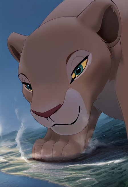 Safe_pos, score_9, score_8_up, score_7_up, detailed face, best quality, 1girl, solo, masterpiece, detailed background, beautiful, detailed eyes, mature female, giantess, macro
side view, lien,
1girl, furry female, solo,nala, lion, two tone fur, tan fur, female, yellow sclera, teal eyes, claws, clawed paws, fangs, ((full body view)), face focus,
standing, seductive pose, light smile, narrowed eyes, expansion,
long river, skyline, cityscape, destroyed cityscape,  earthquake, steam, fog, craters