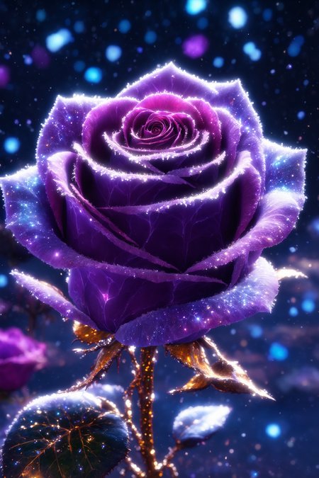 a (frozen:1.1) cosmic rose, the petals glitter with a crystalline shimmer, swirling nebulas, 8k unreal engine photorealism, ethereal lighting, purple, nighttime, darkness, surreal art