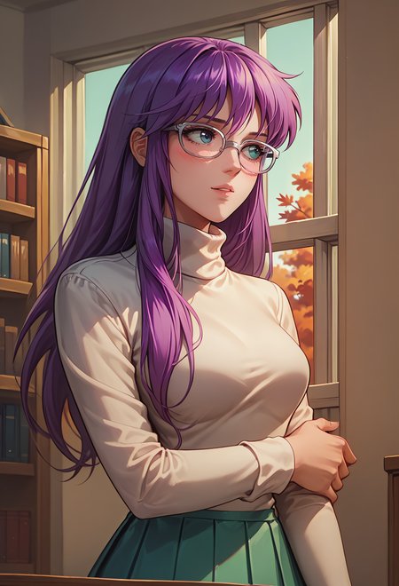 score_9, score_8_up, score_7_up,
<lora:SaoriKido_Pony_v11-12:1> athenakido, purple hair, 
blush, looking away, shy, light smile, parted lips, 
holding own arm, turtleneck sweater, pleated skirt, glasses, bookshelf, window, autumn, sunny,