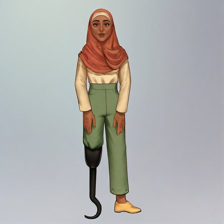 score_9_up, score_8_up, BREAK, SoloPHA, 1girl, solo,  dark skin, brown eyes, hijab, long sleeves, green pants, prosthetic leg, yellow footwear, full body,   <lora:SoloPolyHijabiAmputee_PXL_Leaf2:1>,