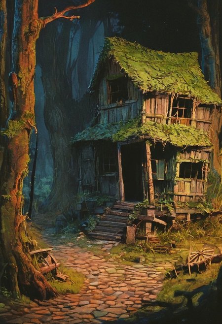 A forgotten village deep in the forest, its wooden houses now overgrown with vines and moss. The cobblestone streets are cracked and covered in weeds, and the air is filled with the sound of rustling leaves and distant animal calls. A lone traveler explores the village, discovering remnants of a time long past., 
in the style of decaying animatronic, claymation, VHS screen grab, grainy, old footage, in the style of an old 80's VHS dark fantasy, VHS screen grab, grainy, old footage
, the scene is captured in dimly lit dark fantasy but vibrant colors, with bold ink lines defining form against the watercolor wash of the aged paper