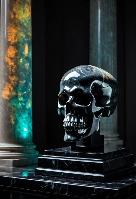 Fujifilm XT3, Sony A7 IV, (award winning photography) a (black: 0.89) marble skull (elongated cranium: 1.29) made of opal set on a pedestal in temple, glistening. in the background beautiful pillars, divine (iridescent: 0.79), opalescent textures, volumetric light, ethereal, sparkling, studio photo, highly detailed, sharp focus (highest quality: 1.39) (highest coherency: 1.39) (award winning photography), highly detailed photography, (muted colors, cinematic, dim colors, soothing tones:1.2), vibrant, insanely detailed, hyperdetailed, (dark shot:1.2), (vsco:0.3), (intricate details:0.9), (hdr, hyperdetailed:1.2) (vignette), sss