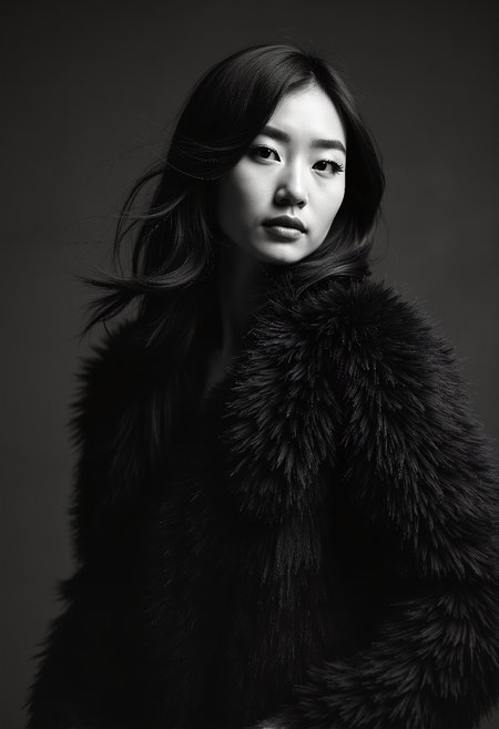 a high-resolution black-and-white photograph featuring a young asian woman with a serene, contemplative expression, she has long, flowing, dark brown hair that cascades down her shoulders, framing her face, her skin is smooth and pale, with a delicate, almost ethereal quality, her large, almond-shaped eyes are framed by thick, dark eyelashes, and her lips are full and slightly parted, giving her a soft, inviting look, she wears a luxurious, fur-like coat that adds a sense of warmth and elegance to her appearance, the texture of the fur is soft and fluffy, blending seamlessly with her skin, the background is a plain, dark grey wall, which contrasts sharply with her dark hair, making her the focal point of the image, the overall mood of the photograph is introspective and introspective, capturing a moment of quiet introspection, rich in detail and texture, enhancing the realism and depth of the subject