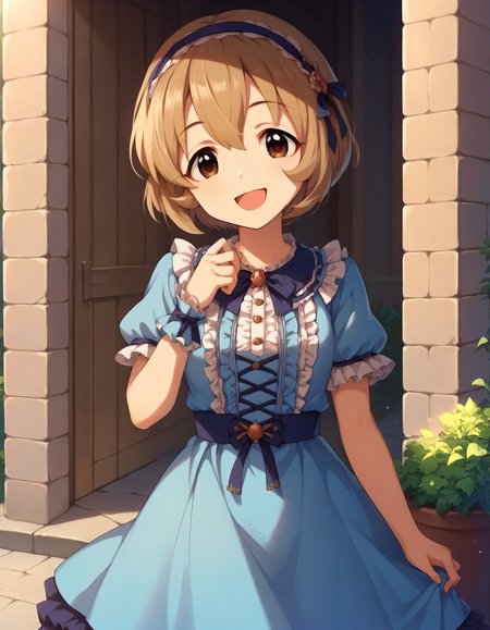 score_9,score_8_up,score_7_up,1girl,solo,cowboy shot,looking at viewer,smile,open mouth,outdoors,
<lora:kogakoharu_v2_ponyXLV6:0.8>,cgkk,
light brown hair,short hair,brown eyes,
hairband,blue dress,frills