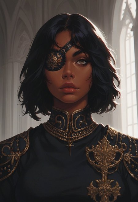 score_9, score_8_up, score_7_up, score_6_up, solo, dark hair, tan skin, (big lips:0.8), t-shirt, sleeves, large breasts, indoors, castle, dark eyebrows, proud, detailed, confident, toned body, belts, duelist, elegant, fancy clothing, (close up:1.2), g0thicPXL, shoulder armor, black armor, intricate, sunlight, portrait,  fully clothed, gold cape, eyepatch, fine details, realistic