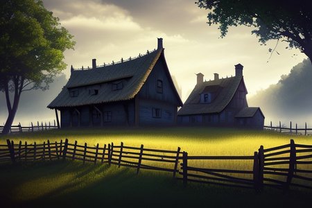 RAW photo, (masterpiece:1.3), subsurface scattering, heavy shadow, (high quality:1.4), (intricate, high detail:1.2), professional photography, HDR, High Dynamic Range, realistic, ultra realistic, photorealistic, high resolution, film photography, ambient lighting, atmospheric effects, <lora:detail_slider_v4:2>, OverallDetail,  farmhouse, fields, fence, fantfa, <lora:FantasyFarm:0.75>