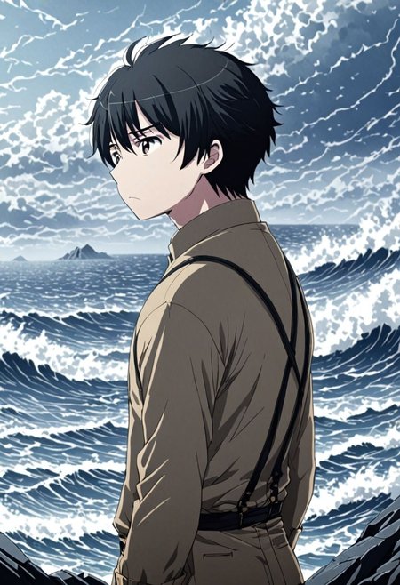 high resolution, solo, best quality, 1Boy, Inaho Kaizuka, Black Hair, existential longing, fantasy background, strong wind, OverallDetail