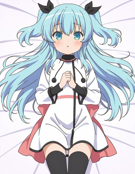 general,highres, ultra-detailed,very aesthetic,best quality ,best hands,  BREAK,  <lora:Noel_IS:1>  Noel, 1girl,solo, long hair, blue hair, two side up, blue eyes, hair ribbon, black ribbon,bangs, 2020s (style), anime coloring,
 thighhighs, dress, white dress, black thighhighs, lying, on back, long sleeves, looking at viewer, bed sheet, blush, very long hair, own hands together, hair between eyes, black ribbon, parted lips, :o,
sky, grass,