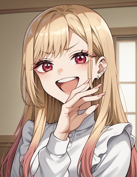 score_9, score_8_up, score_7_up, source_anime, marinkitagawa, <lora:marin-kitagawa-ponyxl-lora-nochekaiser:1>, marin kitagawa, long hair, bangs, blonde hair, red eyes, multicolored hair,, <lora:ojou-sama-pose-ponyxl-lora-nochekaiser:1>, ojou-sama pose, laughing, smug, hand to own mouth, open mouth,, indoors, smile,, cowboy shot, dutch angle, looking at viewer,