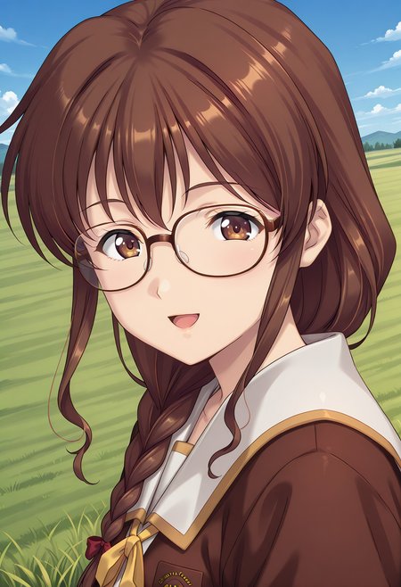 kuon_eri, brown eyes, brown hair, long hair, glasses, single braid, hair over shoulder, school uniform, white sailor collar, brown jacket, long sleeves, <lora:kuon_eri_illustrious_ver1:0.8> 
smile,, masterpiece, best quality, very aesthetic, absurdres,, general,, 1girl, solo, blue sky, (grasslands:1.2), looking at viewer,, (upper body:1.2), (close-up:1.2), (facing viewer:1.2), (open eyes:1.4), (portrait:1.2)