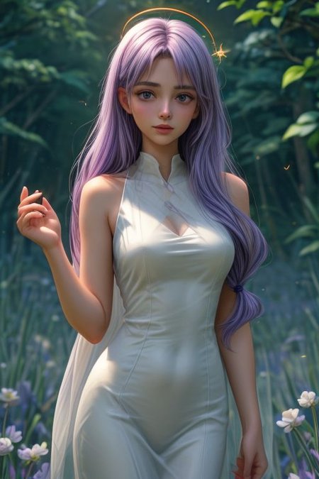 A gentle girl with a halo above her head, a saint, love for the world, kindness, a magnificent airy translucent lavender-colored dress, lavender-colored flowers in long hair, dragonflies, fireflies
