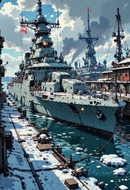 in the style of ck-mgs, A digital artwork in the style of cknc, a_skynet_cyberdyne_craft, the image is featuring  a futuristic, highly advanced sci-fi naval base, with several military buildings. Naval ships in winter camouflage of grey and white paint are moored against the dock, winter, snow on the ground, small ice floes, stormy sky, directional weak sunlight, dutch angle