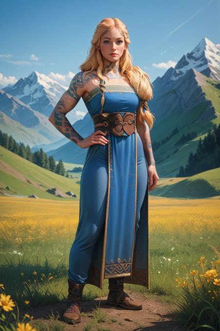 score_9, score_8_up, score_7_up,
 <lora:GOWSif:0.8>
GOWSif, 1girl, blonde hair, blue eyes, long hair, tattoo, looking at viewer, hands on hips, mountains, field, full body