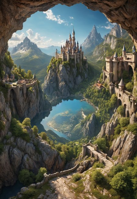 fairy tale castle on a (rock spire), mountain in background, best quality, masterpiece, illustration, realistic, photo-realistic, amazing, finely detail, incredibly absurdres, huge filesize, ultra-detailed, highres,