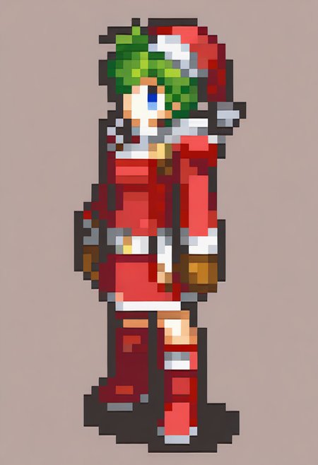 masterpiece, best quality, solo, 1girl, <lora:FEGBA-Sprites-illus_Fp:1>, simple background, pixel art, full body,  <lora:nino-fe-richy-v1_ixl:1>, nin0f, blue eyes, green hair, short hair, antenna hair, green hair bow, santa hat, red dress, fur trim, long sleeves, santa costume, white belt, brown gloves, red knee boots