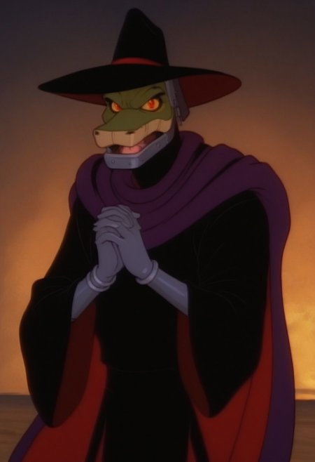 score_7, score_8, score_9, dynamic lighting, detailed background, background is dessert, sand, mesas, sundown, (close up), cowboy shot,
BREAK 
Solo, 1boy, ((anthropomorphic)), furry male, male snake, male, green skin, bald, animal nose, narrow waist, tall, metal hands, grey hands, grey bracelets, steel jaw, yellow sclera, red eyes
BREAK 
shot from side, standing, looking at viewer, angry, black and red witch hat, black and red cloak, ((purple cape)), hands clasped, mouth open
