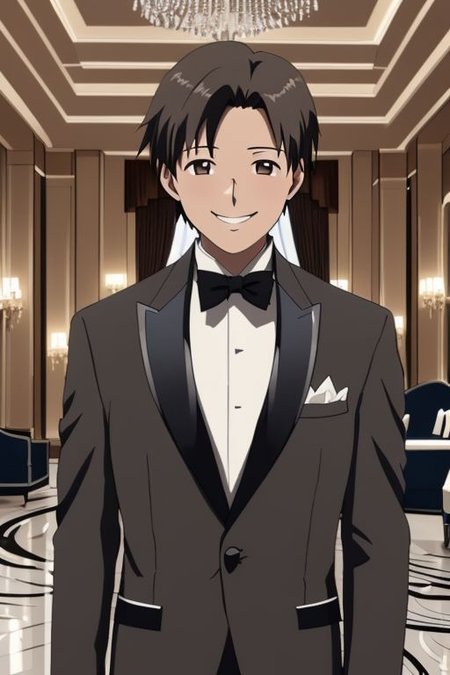 high resolution, solo, best quality, 1Boy, Takaki Toono, Brownish Hair, Brown Eyes, luxury hotel, Ballroom, tuxedo, smile, confident, OverallDetail