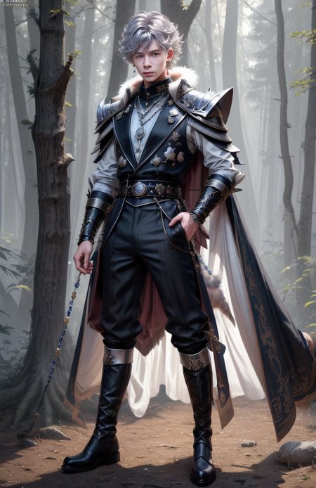 8k, wolf prince,   ((masterpiece)).((best quality:1.2)),  sharp focus, full body, head to toe, 1 young man, 22 years old, youthful appearance, male focus, dynamic pose,  silver colored hair, curly hair, EYESHD,  small testicle bulge, Nora outfit fur accents, Nora outfit bead necklaces, Nora outfit pants, Nora outfit hip quiver, Nora outfit leg guards, Nora outfit arm braces, Nora outfit belt with pouches, and Nora outfit fur boots,   defined body, thin waist, looking at camera, armor, he has a pet wolf,  detailed background a wooded clearing, a pet wolf standing nest to him,(absurdres) , <lora:more_details:0.5>, <lora:wrenchftmfshn>,<lora:add-detailxl:0.8>, <lora:Eyes_High_Definition-000007>, , <lora:lightup_brightness_v200:1>, <lora:Nora:1>
