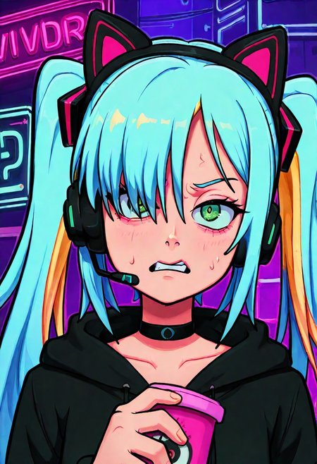 masterpiece, best quality, absurdres, highres, chromatic aberration, 1girl, solo, green eyes, eyelashes, long hair, two-toned hair, blonde hair, blue hair, twintails, bangs, hair over one eye, headset with fake cat ears, holding, black choker, long oversized hoodie, angry, looking at viewer, hypnotized eyes, upper body, closeup, face focus, simple background, psychedelic background, highly detailed, neon lights, vivid colors