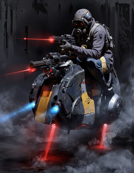 Art by Col Price & By Paul Chadeisson.
A digital illustration shoot from a low angle about a futuristic soldier riding a futuristic armored vehicle with a gas mask, set against a dark, smoky background with red and blue lights. the image also shows dynamic lighting effects. on the center of the image, a 1boy, who appears to be in his mid-twenties, is sitting on a futuristic vehicle, wearing a dark military-style jacket and a helmet, with a backpack on his back. he is holding a large, futuristic machine gun in his right hand and is positioned in the middle of the frame. the vehicle has a sleek, metallic design with blue and red lights emanating from the front, giving it a futuristic and advanced look. the background is filled with abstract shapes and textures, and the overall atmosphere is dark and moody, with dramatic lighting effects adding to the futuristic feel.