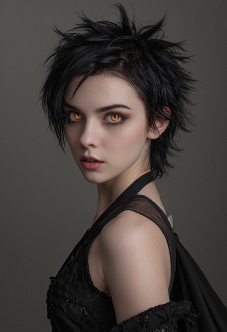 <lora:R0k00Gl0w1ngHD:1>,R0k00Gl0w1ngHD,(style, glowing, eyes, aura, background),, (Height, Petite, standing at approximately 4 feet 10 inches:1), (Build, Slim and graceful, with a delicate frame that emphasizes her agility and speed:1), (Hair, Short, spiky, and jet-black hair, styled in a tousled, pixie-like fashion, giving her a playful and unique look:1), (Eyes, Golden or amber-colored eyes, eyes are large and expressive, adding to her charming and mischievous aura:1), (Skin, Pale, alabaster skin that sparkles like diamonds in sunlight, as typical of vampires in the Twilight universe:1),