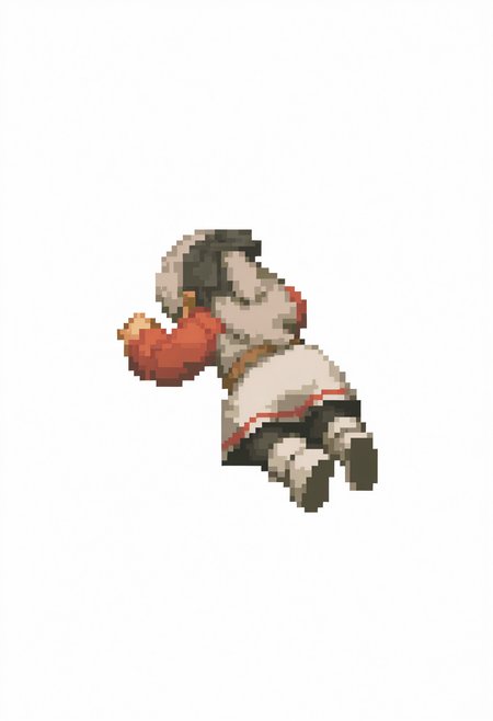 masterpiece, best quality, solo, 1girl, <lora:FFT-Sprites-illus_Fp:1>, full body, lying, head down, pixel art, white background, simple background,  <lora:elie-illu-nvwls-v1:1>, zrelie, grey hair, long hair, half updo, black hairband, hair ribbon, white and red uniform, white dress, brown belt, black pantyhose, white boots,