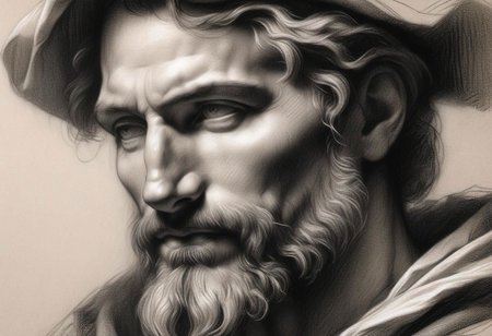 (masterpiece), 
Black and white Renaissance drawing of a mid-age man, short beard,
Black and white tones,
HDR, highly detailed, 32k, 
looking at viewer, Style-Renaissance