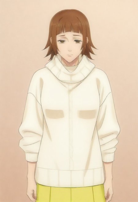 masterpiece, best quality, amazing quality,,, shiny skin,,,,,,,,yuozawa, brown_eyes, brown_hair, short_hair, blunt_bangs,, turtleneck, white_sweater, long_skirt, yellow_skirt,