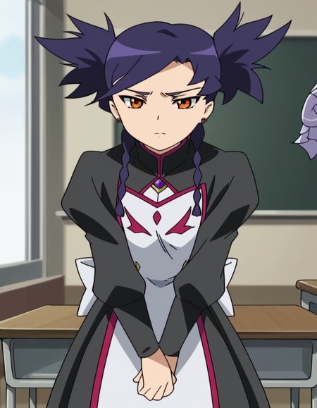 score_9, score_8_up, score_7_up, source_anime, <lora:nina-wang-s1-ponyxl-lora-nochekaiser:1>, nina wang, bangs, twintails, purple hair, braid, twin braids, orange eyes, anime screencap,, long sleeves, dress, jewelry, earrings, puffy sleeves, black dress, juliet sleeves,, classroom, desks, chalkboard, students, teacher, , leaning forward,, looking at viewer, solo,, dutch angle, cowboy shot