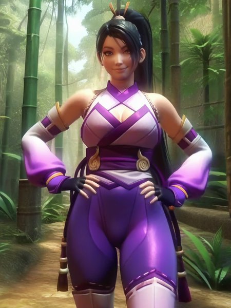 score_9, score_8_up, score_7_up, 1girl, hands on hips, dynamic pose, smile, looking at viewer, bamboo forest, (cowboy shot:1.1), cute pose, fom behind, ass focus,
 <lora:AMomiji_character:0.8>, MikoXLP, purple japanese clothes, bodysuit, purple legwear, fingerless gloves, cleavage, detached sleeves, ninja, black hair, brown eyes, wide hips, screencap,