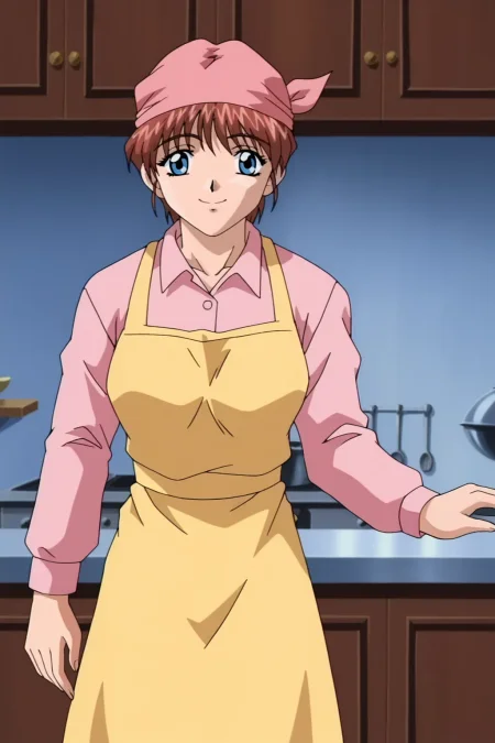 score_9,  best, masterpiece, uncensored,
indoors,
1girl, solo, smile, 1990s (style), retro artstyle,
LTHRMNMihono, bandana, apron, retro artstyle, tucked in collared pink shirt with long sleeves, yellow apron over clothes,
<lora:LeathermanMihono:0.8>​​​