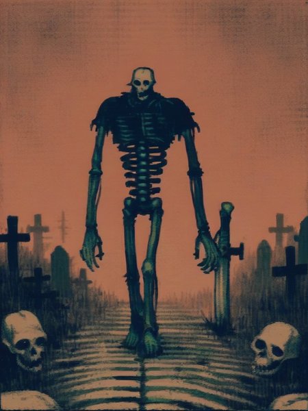 vermis style, solo, weapon, red background, skeleton,walking, standing,  graveyard,  horror \(theme\),   <lora:VermisStylePony:0.8>,
score_9, score_8_up, score_7_up, score_5_up