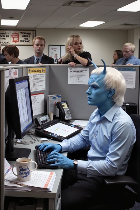 An Andorian man with cobalt blue skin and shaggy white hair is sitting at a computer in a crowded office cubicle, dressed in a button-up shirt and slacks, staring at the Excel spreadsheet on his screen with a look of absolute confusion. His antennae twitch with frustration as he tries to make sense of the formulas, while the office around him buzzes with the typical sounds of ringing phones, typing, and low murmurs of conversation. A coffee cup with the words âWorldâs Okayest Employeeâ sits next to his keyboard, untouched, as he furrows his brow and clicks through endless tabs. The fluorescent lighting casts a sterile glow over the cubicles, and motivational posters line the walls with cheesy sayings like "Teamwork Makes the Dream Work." A co-worker casually leans on the divider, chuckling as they offer some unhelpful advice, while the Andorianâs antennae twitch irritably in response. In the distance, the hum of a copy machine adds to the background noise, and a faint smell of reheated lunch drifts through the air. It's a slice of typical office life, but the Andorianâs alien confusion with office software brings an amusing twist to the otherwise monotonous scene.<lora:midjourney_whisper_flux_lora_v01:0.55><lora:aidmaMJ6.1-FLUX-V0.1:0.4><lora:FluxMythP0rtr4itStyle:0.4><lora:detailed_flux_ntc:2.2><lora:aidmaImageUpgrader-FLUX-V0.1:0.65><lora:andorian_FLUX>
