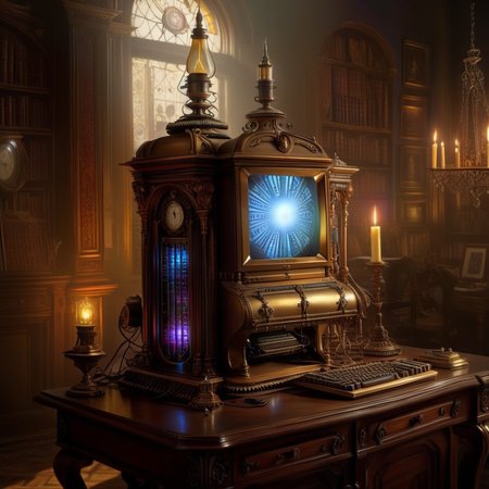 <lora:TechPunkAIv2Pruned:.9> VictorianPunkAI  computer (Highly detailed, amazing fantasy setting), (Shiny Impressive lighting), (Colorful, Ultra Realistic, High quality, Highly detailed, Sharp focus, 8K UHD, Art photography), (trending on artstation)