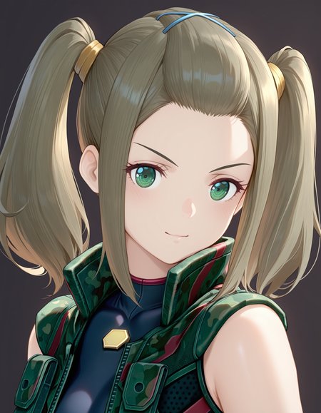 masterpiece, best quality, good quality, 1girl, solo, xenoblade, portrait, camouflage vest, unitard, green eyes, shania, bangs pinned back, twintails, x-hair ornament, simple background <lora:shania illustrious 006:1>