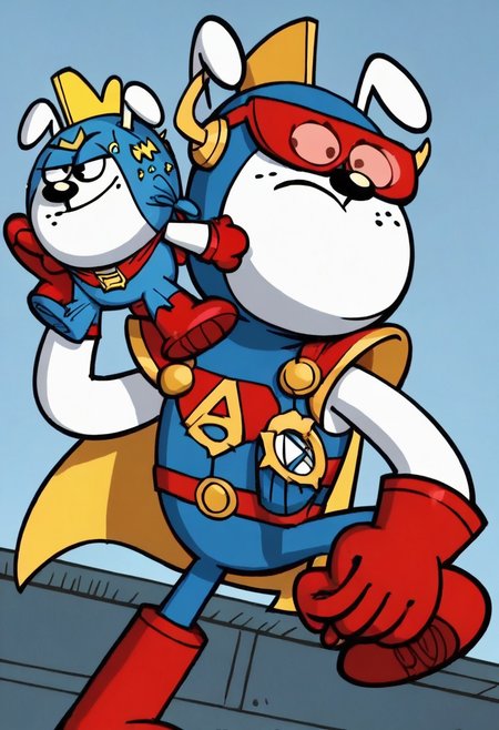 (score_9 | score_8_up | score_7_up) ((masterpiece:1))(best quality,very high quality,ultra detailed:1.2) (2D,cartoon style,anime style)(Smooth:2)(clean blurring) (four fingers on each hand,one thumb on each hand:1), solo, charles, dog, black spot on left eye, white, paws, happy, red blue and yellow super hero costume, blue super hero costume, super hero, red goggles, two side winged headpiece, yellow cape, thick red boots, red glove, 'A' Logo in the middle, AP Puppet,hand puppet, dog puppet