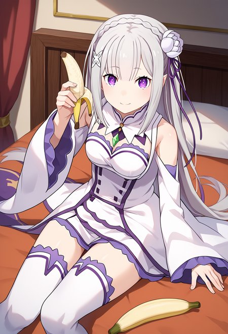 score_9, score_8_up, score_7_up, source_anime, rating_explicit,
BREAK
1girl, solo, 
<lora:shiEmiliaV2:1.0> shimilia, long hair, grey hair, purple eyes, pointy ears, crown braid, hair flower, hair ribbon, purple ribbon, x hair ornament, white dress, cleavage, bare shoulders, wide sleeves, white thighhighs, thigh boots,
<lora:shiBananaV1:0.8>, shibanana, banana, 
looking at viewer, indoors, bed, smile,