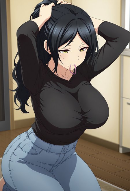 1girl,solo,mm,mature female,black hair,long hair,yellow eyes,mole under mouth,large breasts,anime coloring, 
long sleeves, black shirt,pants,denim,taut shirt, shirt tucked in, kneeling,tying hair, indoors,alternate hairstyle
,masterpiece,best quality,amazing quality,<lora:maronmaron-mother_ix:0.8>