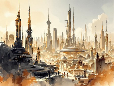 A bold inkplash-meets-watercolor wash artwork, expertly painted on rice paper using rich sepia, burnt henna, and ink-black hues. an advanced sci-fi cityscape, with gleaming towers and skyscrapers, clear sky