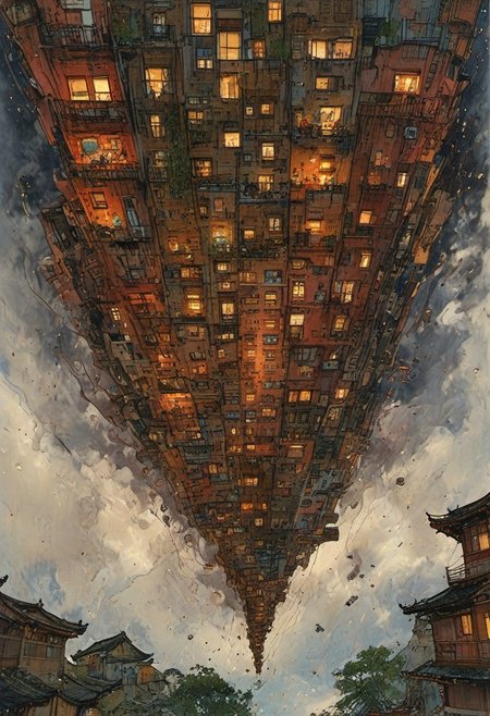 a circular building in the middle of a city, still from alita, japanese art, cinq terre, ryan meinerding, surreal photo, inside the picture is infinity, 8k highly detailed ❤️‍🔥 🔥 💀 🤖 🚀, houses on stilts, futurama, pulled into the spiral vortex, inhabited on many levels, kyoto, otclillsn, FRESHIDEAS Real Photography 2#, fenliexl, mixed media, surrealism, great lighting, In a surreal dreamscape, a cityscape with impossible architecture emerges from the swirling mist. Distorted skyscrapers twist like Escher-esque staircases, while streets warp into Mobius strips. A lone figure, suspended mid-air, appears trapped in an optical illusion of reflections and refractions. The sky above ripples like water, distorting the sense of up and down. In this bizarre landscape, one altered element can send the entire scene careening into chaos.